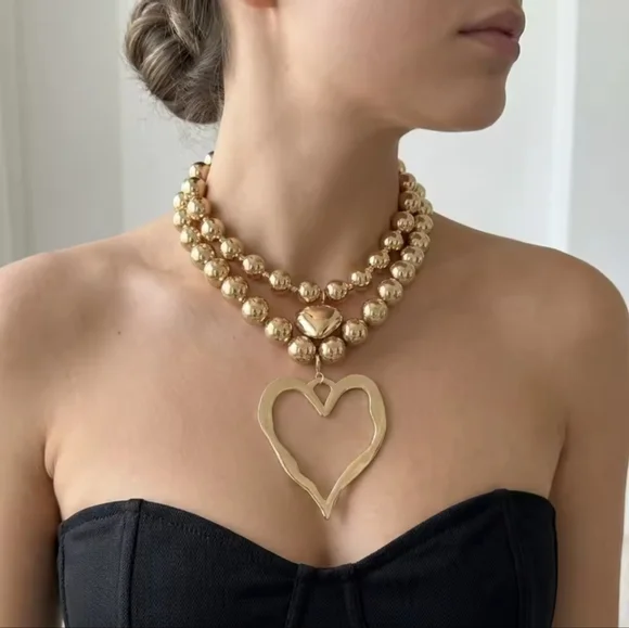 Gold Double Strand Heart Necklace - Picture 3 of 8